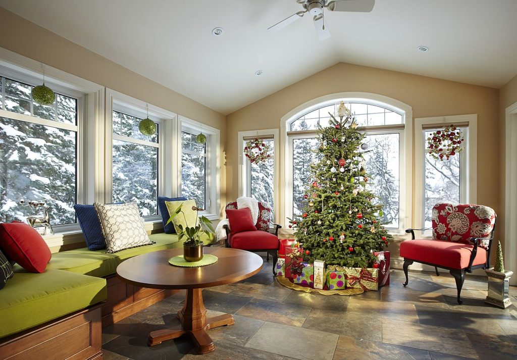 This all season room is decked out in traditional red and green