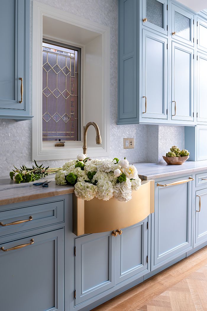 A pretty blue French Country kitchen.